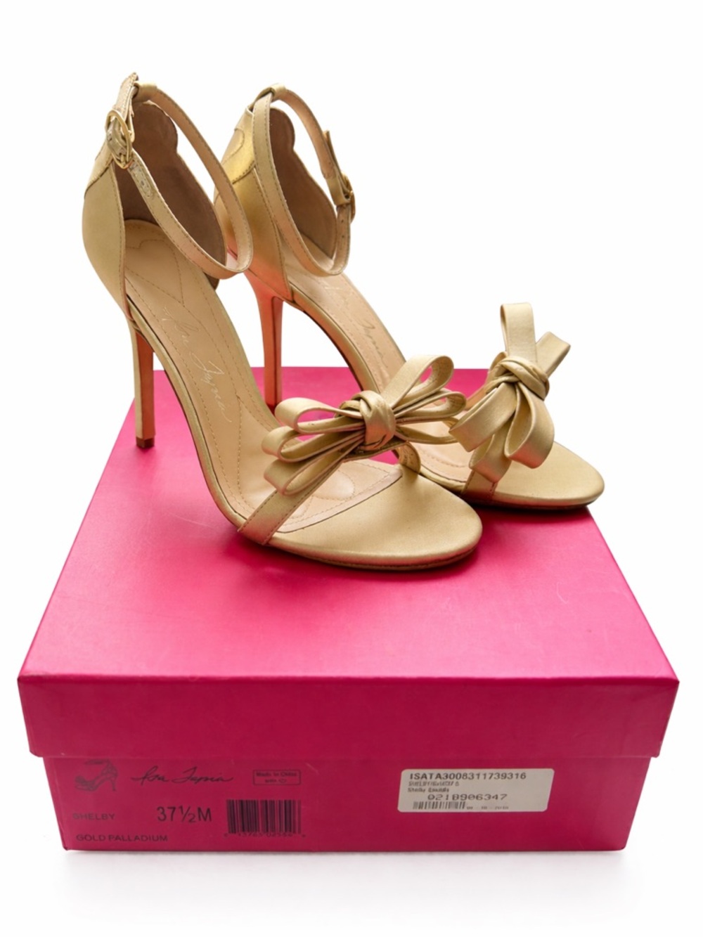 Isa Tapia Shelby - Gold Bow Ankle-Strap High Heel Sandals
